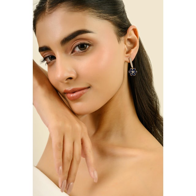 3.77 Ct Natural Blue Sapphire & Diamond Floral Drop Earrings in 18k Yellow Gold- A Pair For Sale - Image 4 of 11