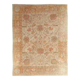 Antique Turkish Oushak Carpet, Handmade Oriental Rug, Beige, Taupe, Shrimp Coral For Sale