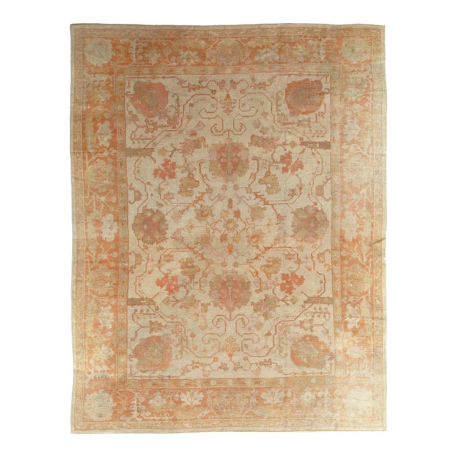 Antique Turkish Oushak Carpet, Handmade Oriental Rug, Beige, Taupe, Shrimp Coral For Sale