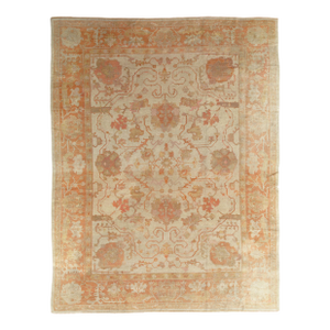 Antique Turkish Oushak Carpet, Handmade Oriental Rug, Beige, Taupe, Shrimp Coral