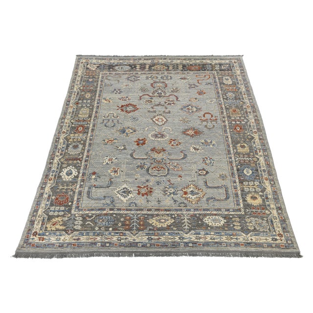 Modern Oushak Style Hand-Knotted Wool Rug in Slate Grey, Terracotta, and Blue For Sale - Image 12 of 12