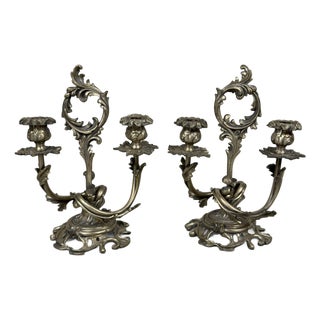 Art Nouveau Silver-Plated Brass Candelabras, Set of 2 For Sale