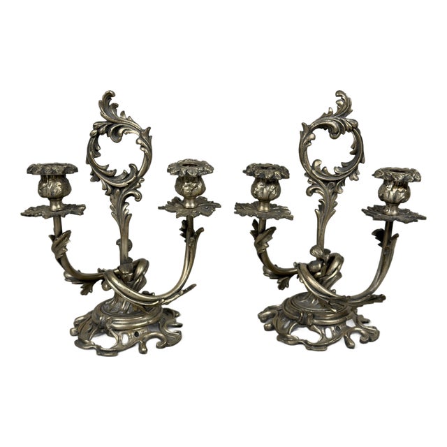 Art Nouveau Silver-Plated Brass Candelabras, Set of 2 For Sale