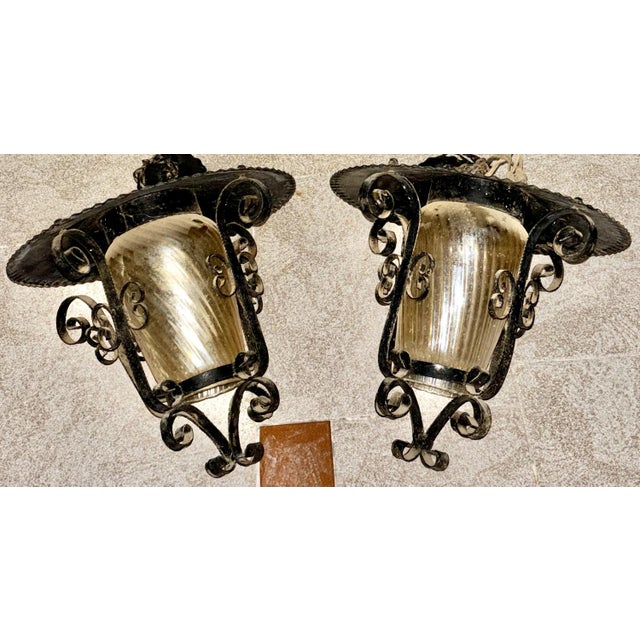 French Iron and Tole Glass-Paneled Lantern, 1970s, Set of 2 For Sale - Image 6 of 10