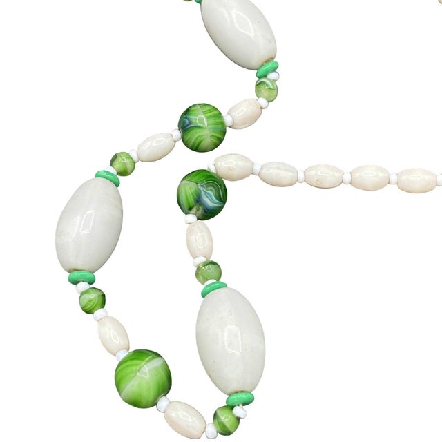 Art Deco 1930s Czech Bohemian Green/White Lamp Art Glass W/Mop Shell Bead Necklace For Sale - Image 3 of 5
