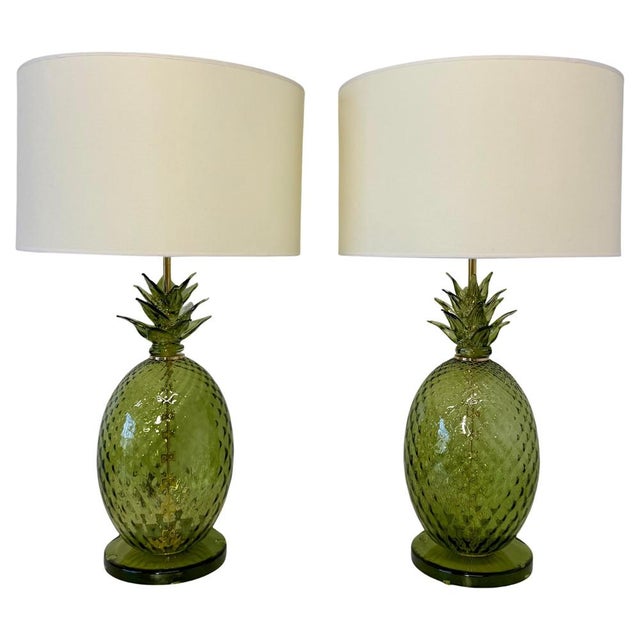 Italian Art Deco Pineapple Murano Glass Lamps with Lampshades, 2000s, Set of 2 For Sale - Image 17 of 17