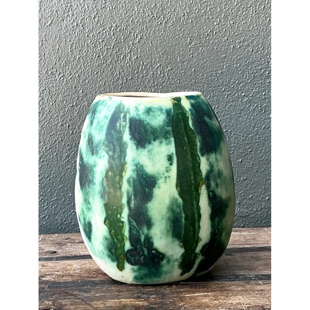 Vintage Green Abstract Ceramic Vase For Sale In West Palm - Image 6 of 12