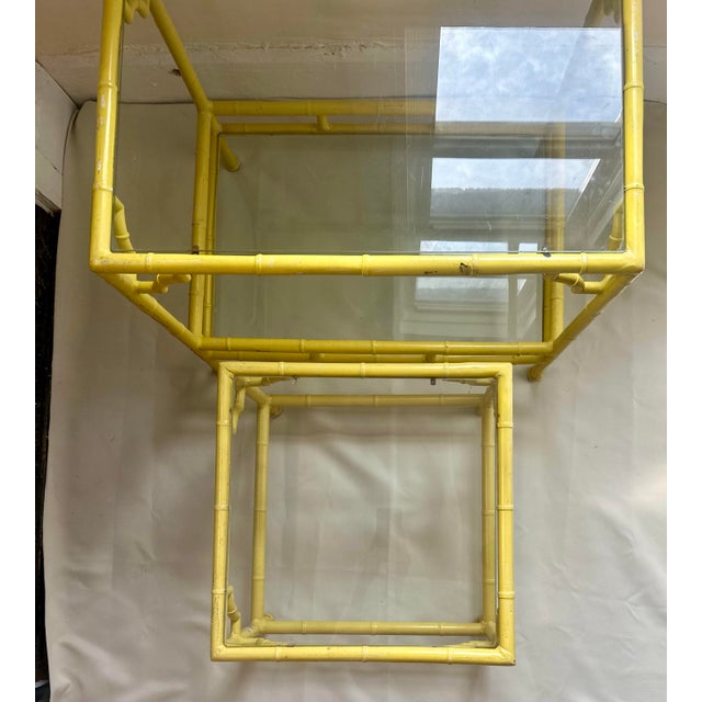 Pair of Vintage Meadowcraft Palm Beach Style Faux Bamboo Side Tables in a Custom Canary Yellow For Sale In Chicago - Image 6 of 9