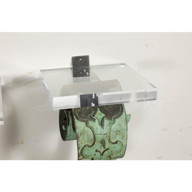 19th Century English Bronze Verdigris Wall Brackets with Lucite Tops, a Pair For Sale - Image 11 of 12