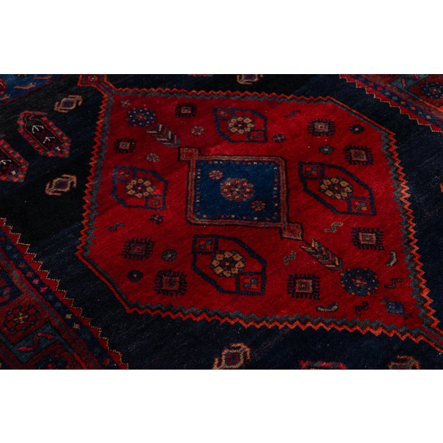 Red Vintage Shiraz Hand-Knotted Wool Runner Rug - Deep Crimson & Indigo Tribal Medallion For Sale - Image 8 of 9