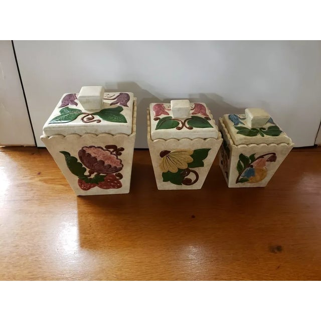 American 1969 Handmade Ceramic Canisters With Floral Motif, Flour, Sugar & Tea- Set of 3 For Sale - Image 3 of 7