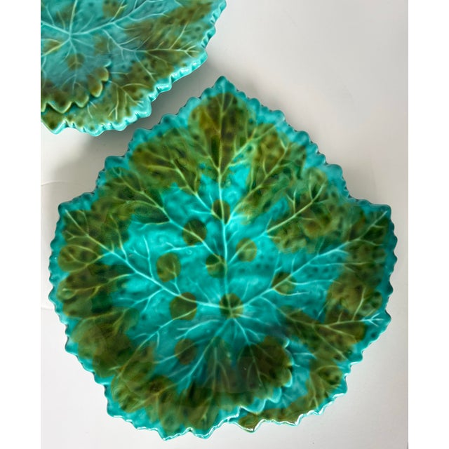 Bordallo Pinheiro Vintage Portuguese Majolica Leaf Plates – Set of 6 Turquoise & Green Glazed For Sale - Image 4 of 12