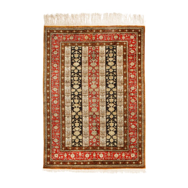 Vintage Qum Brown Beige and Red Silk Persian Rug For Sale