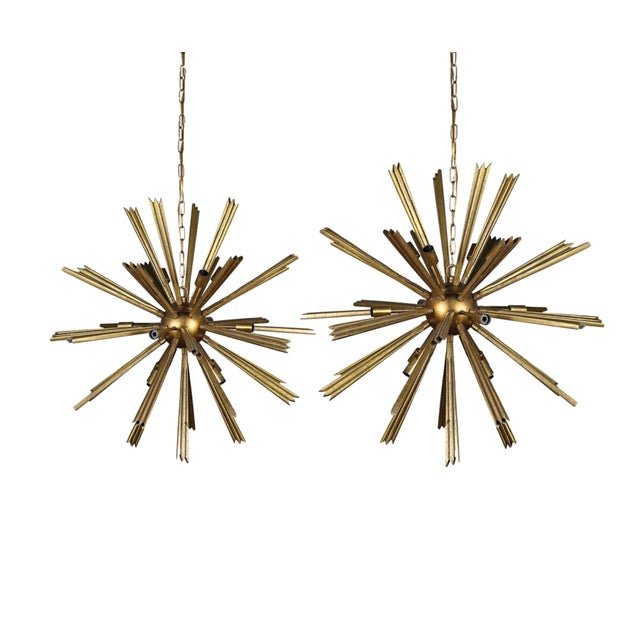 Mid-Century Modern Matthew Izzo Home Starburst Small Pine Wood & Antique Gold Wash Chandelier For Sale - Image 3 of 4