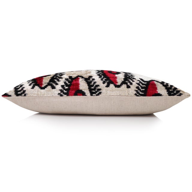 Mid-Century Modern Hand-Knotted Silk Velvet "Evil Eye" Ikat Lumbar Pillow - 16x24 Red & Beige For Sale - Image 3 of 8