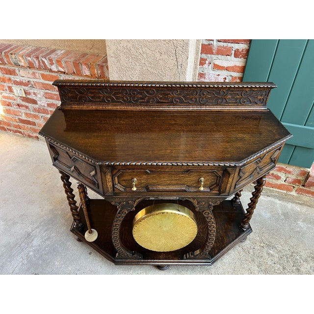 Antique English Console Hall Table Jacobean Carved Oak Barley Twist Gong C1880 For Sale - Image 16 of 18