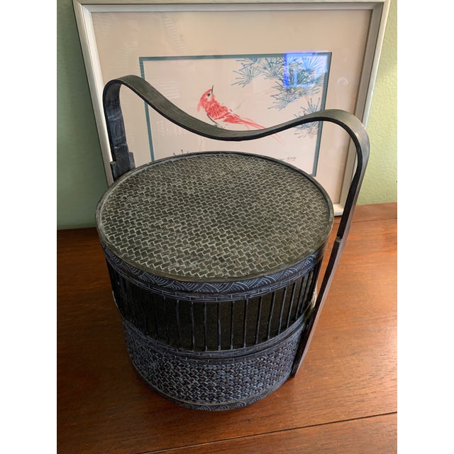 Early 20th Century Antique Chinese Wedding Basket, Bamboo & Lacquer, Sculptural Swing Handle For Sale - Image 5 of 11
