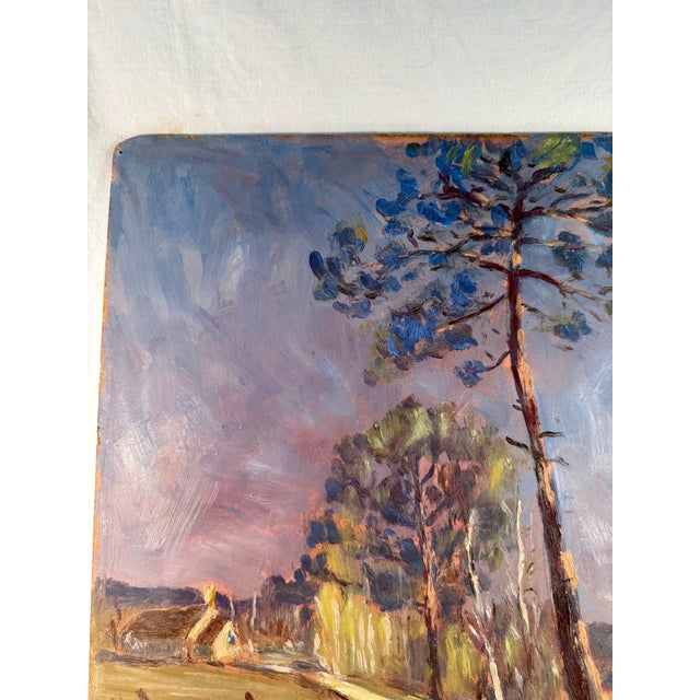 Blue Vintage, French Oil on Board Painting, Rural Landscape, Signed For Sale - Image 8 of 8