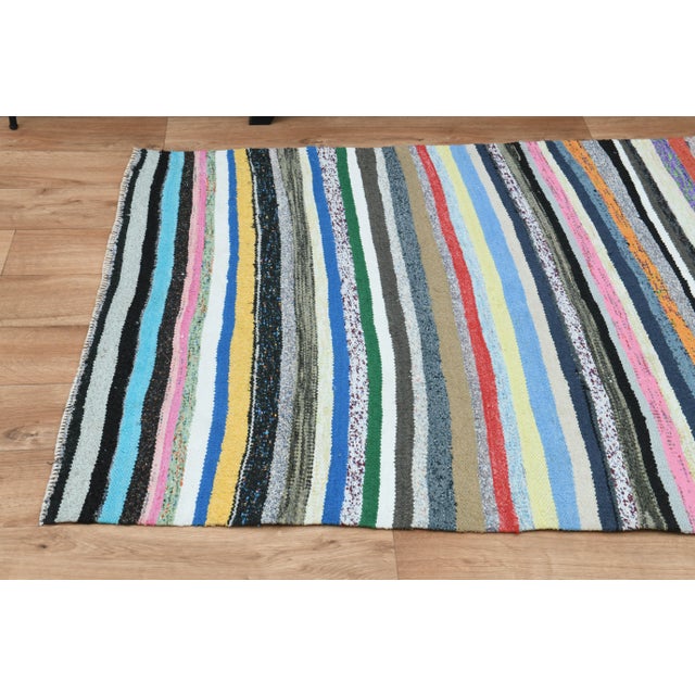 Blue Striped Colorful Kilim Turkish Vintage Runner Rug For Sale - Image 8 of 11