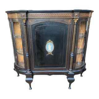 Antique Victorian Style Partial Ebonized Inlaid Wood Side Cabinet For Sale