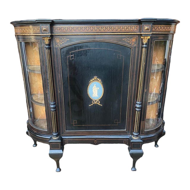 Antique Victorian Style Partial Ebonized Inlaid Wood Side Cabinet For Sale