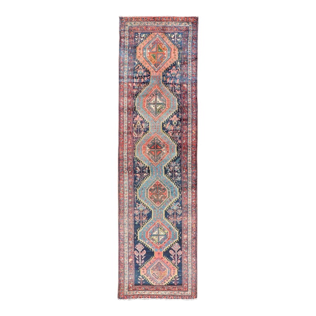 Antique Hand Knotted Hamadan Runner With Tribal Medallion Design in Jewel Tones** For Sale