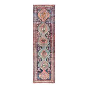 Antique Hand Knotted Hamadan Runner With Tribal Medallion Design in Jewel Tones**