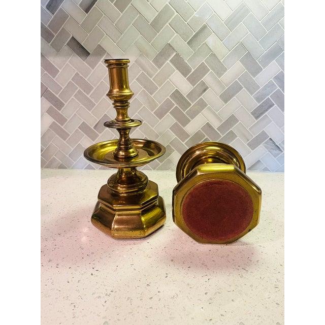 Hollywood Regency Vintage Traditional Brass Candlestick Holders Pair For Sale - Image 3 of 5