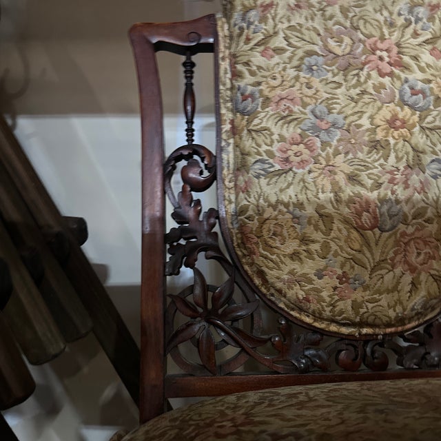 Mid-Century Modern 1970s Wooden Mid-Century Modern Detailed Carved Chair With Floral Cushions For Sale - Image 3 of 5