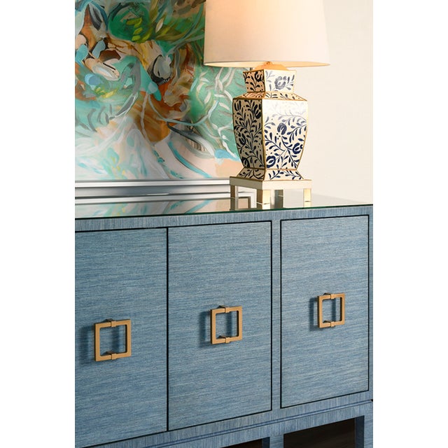Not Yet Made - Made To Order Matthew Izzo Home Effie Denim Blue Grasscloth Four Door Buffet With Glass Top and Brass Square Handles For Sale - Image 5 of 8