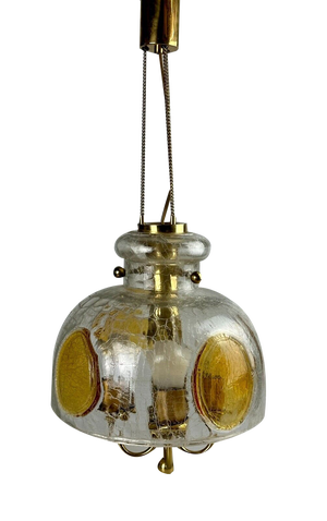 Brutalist Ceiling Lamp in Brass & Murano Glass, 1970s
