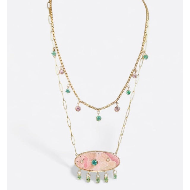 Rhodochrosite Necklace With Emeralds & Diamonds on Large 14k Gold Paperclip Chain For Sale - Image 4 of 10