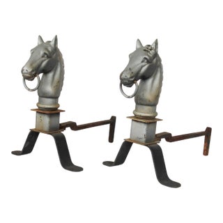 Pair of Vintage Cast Iron Horse Head Andirons For Sale