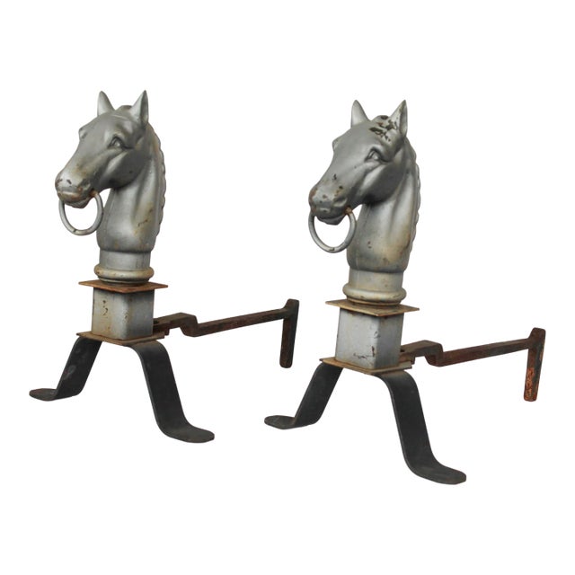Pair of Vintage Cast Iron Horse Head Andirons For Sale