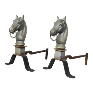 Pair of Vintage Cast Iron Horse Head Andirons