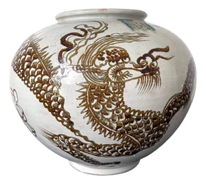 Korean Ceramic Moon Jar with Dragon Joseon Dynasty