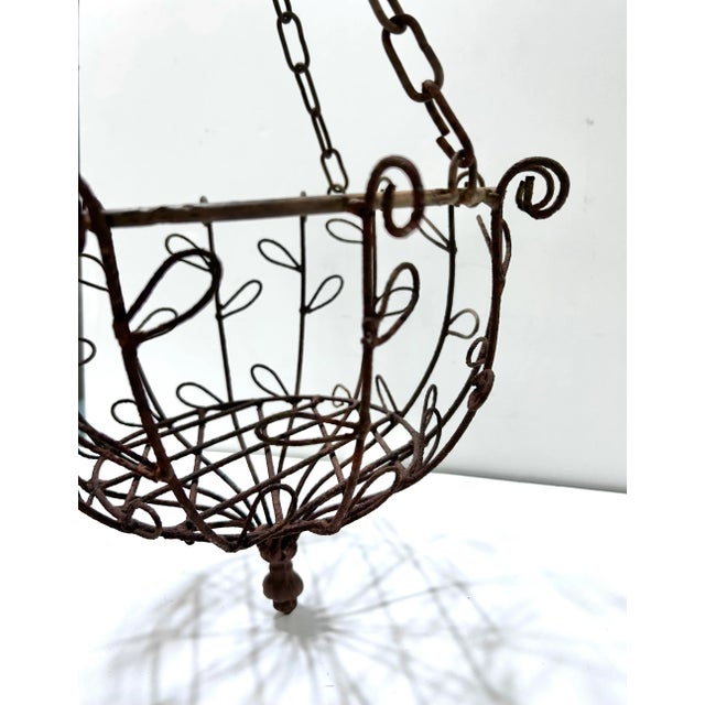 Vintage Wrought Iron Hanging Planter Basket With Scrollwork & Original Chain For Sale - Image 4 of 12