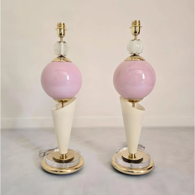 Pair of Mid-Century Modern Murano glass table lamps, Italy circa 1980s. The Italian lamps are made of various elements in...