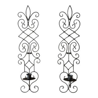 Black Metal Scroll Wall Candle Holder Sconces- a Pair For Sale