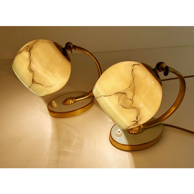 Chartreuse Art Deco Table Lamps in Brass and Glass, Set of 2 For Sale - Image 8 of 18