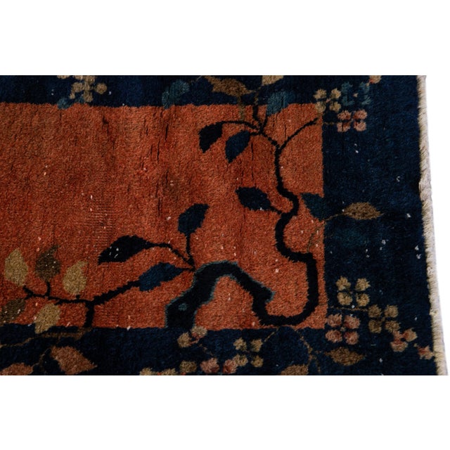 1920s Antique Art Deco Handmade Tan and Blue Floral Scatter Wool Rug For Sale - Image 5 of 10