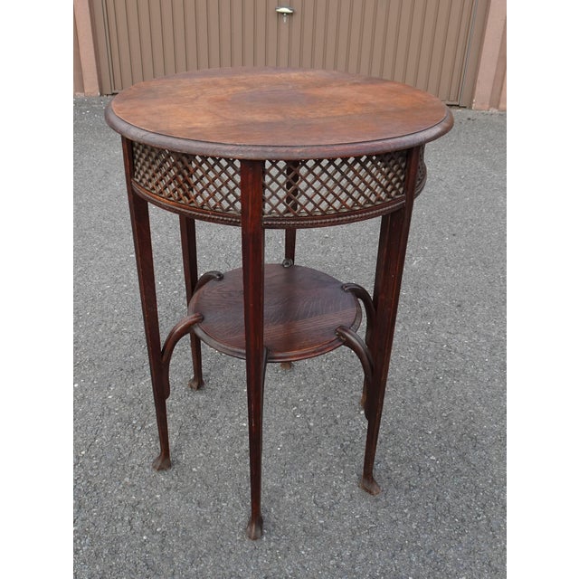 Brown Antique Round Oak Side Table with Lattice Work, 1890s For Sale - Image 8 of 18