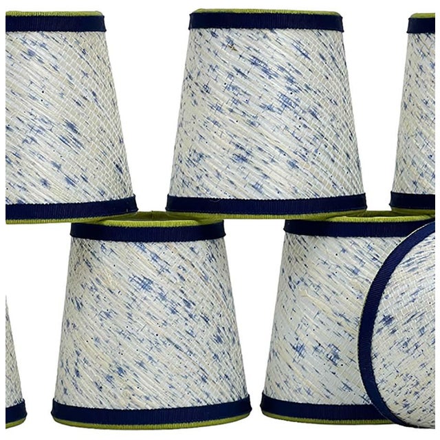Contemporary White and Indigo Grasscloth Chandelier Shade with Grossgrain Trim - 3”x4”x4” For Sale - Image 3 of 4