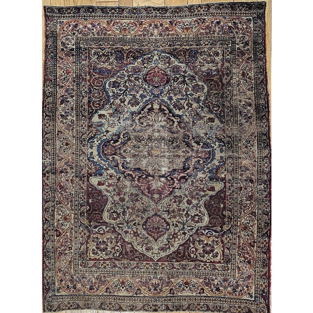 Late 19th Century 19th-Century Persian Kerman Lavar Area Rug, Handwoven Floral Pattern, Ivory & Red, 4’ X 5’ For Sale - Image 5 of 12
