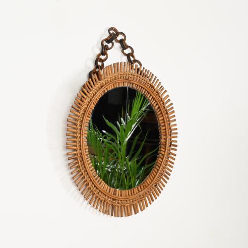 Round Rattan and Bambo Mirror with Chain attributed to Franco Albini, Italy, 1960s For Sale - Image 6 of 13