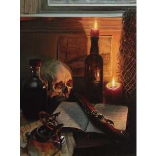 Vengeance on the Sound by John Lally | Oil on board Still life with a skull, candle, and bottle For Sale