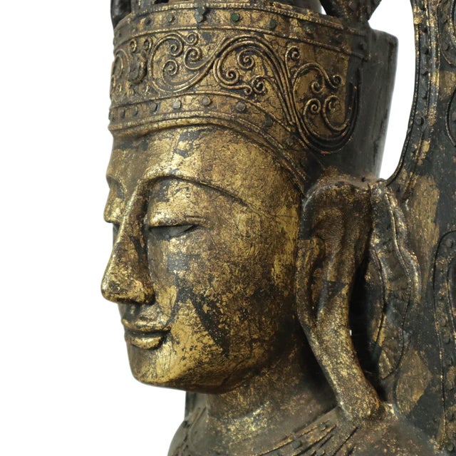 Very Large Weathered Gilded Wood Statue of Buddha, Burma For Sale - Image 6 of 18