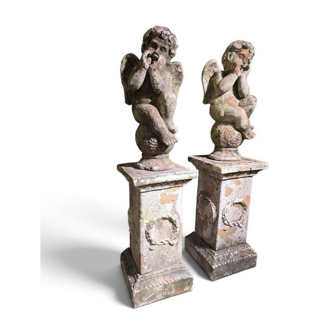 Italian Artist, Cherub Sculptures on Pedestals, 19th Century, Terracotta, Set of 2 For Sale - Image 4 of 12