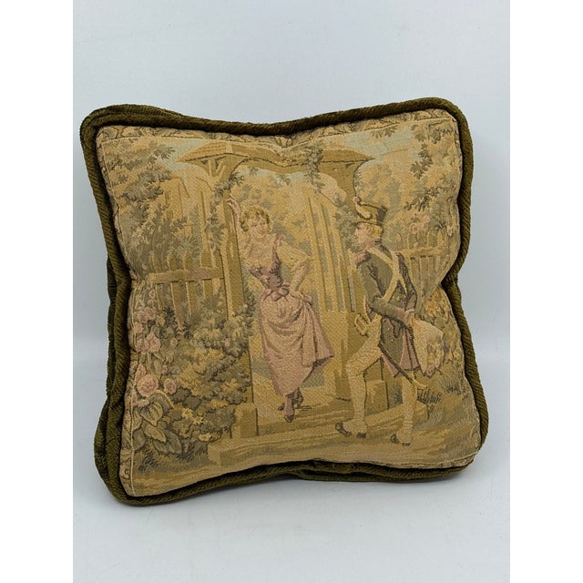 Vintage tapestry Victorian style pillow with green velvet backside. There is a zipper for access to the interior of the...