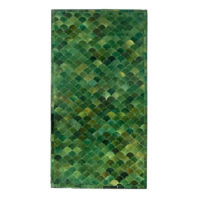Matthew Izzo Home Moroccan Zellige Tamegroute Green Tile and Iron X Base 51" Rectangle Coffee Table For Sale